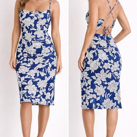 Lulu's Dresses & Skirts - Lulus Women's Satin Dress Midi Floral Navy Blue White Wedding Guest Prom Resort